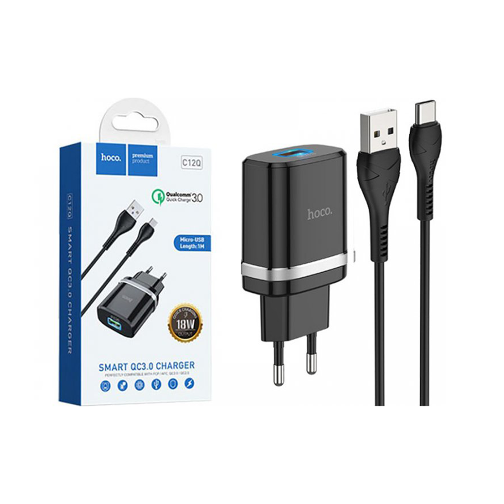 هوكو شاحن جداري ذكي QC3.0 مع كابل مايكرو جلكسي موديل C12Q - أسود