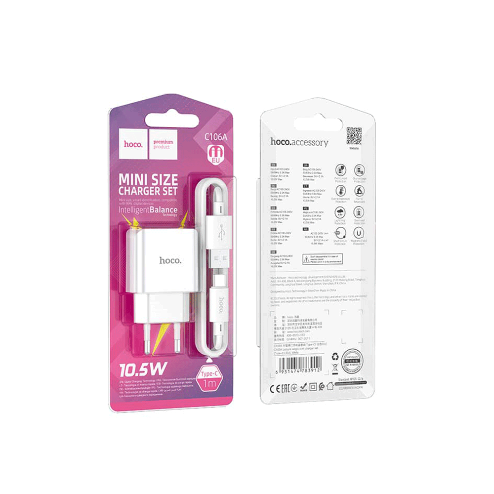 هوكو طقم شاحن صغير الحجم مع كابل تايب سي موديل C106A - أبيض