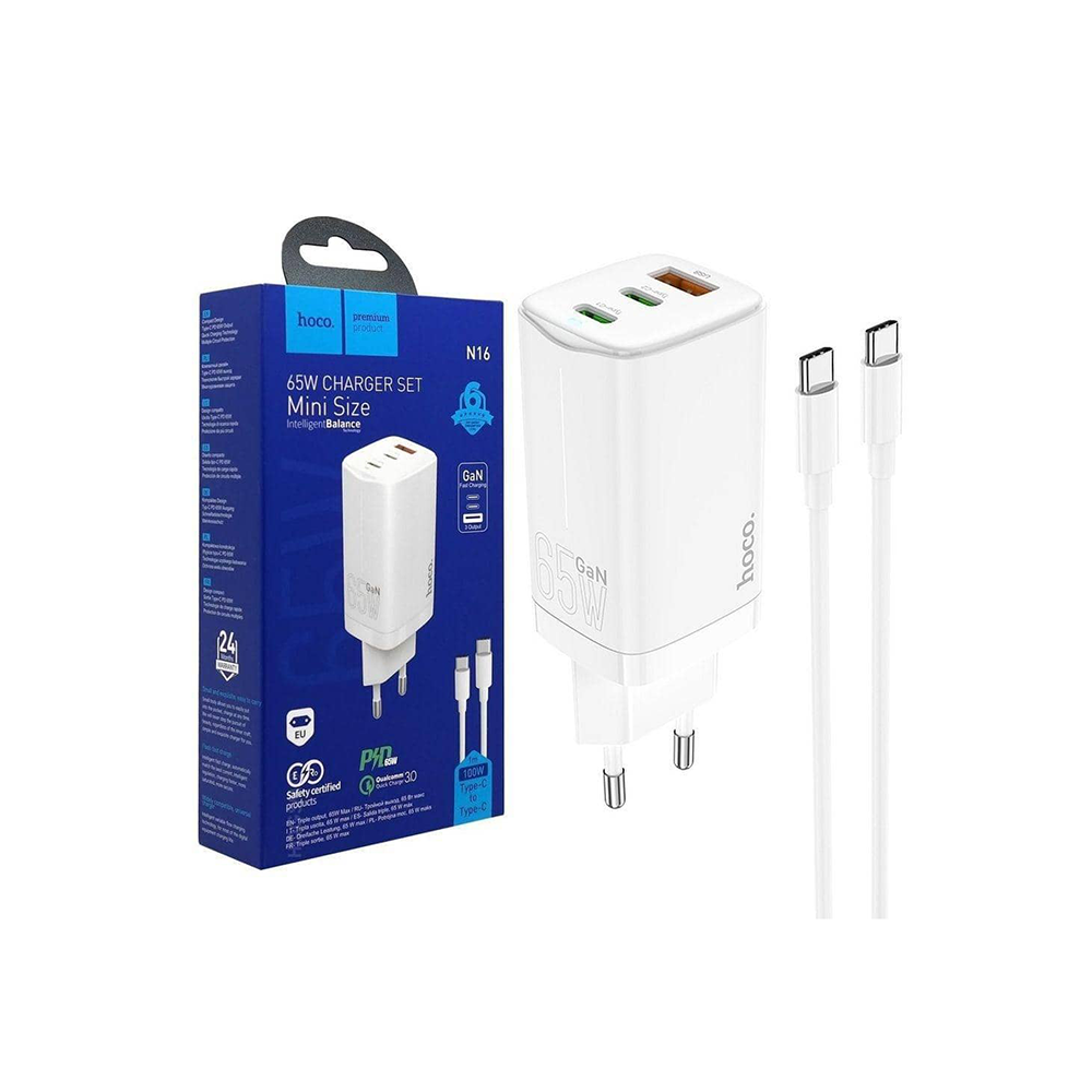 هوكو طقم شاحن جداري صغير بقوة 65 وات بتقنية GaN مع كابلين تايب سي موديل N16 - أبيض