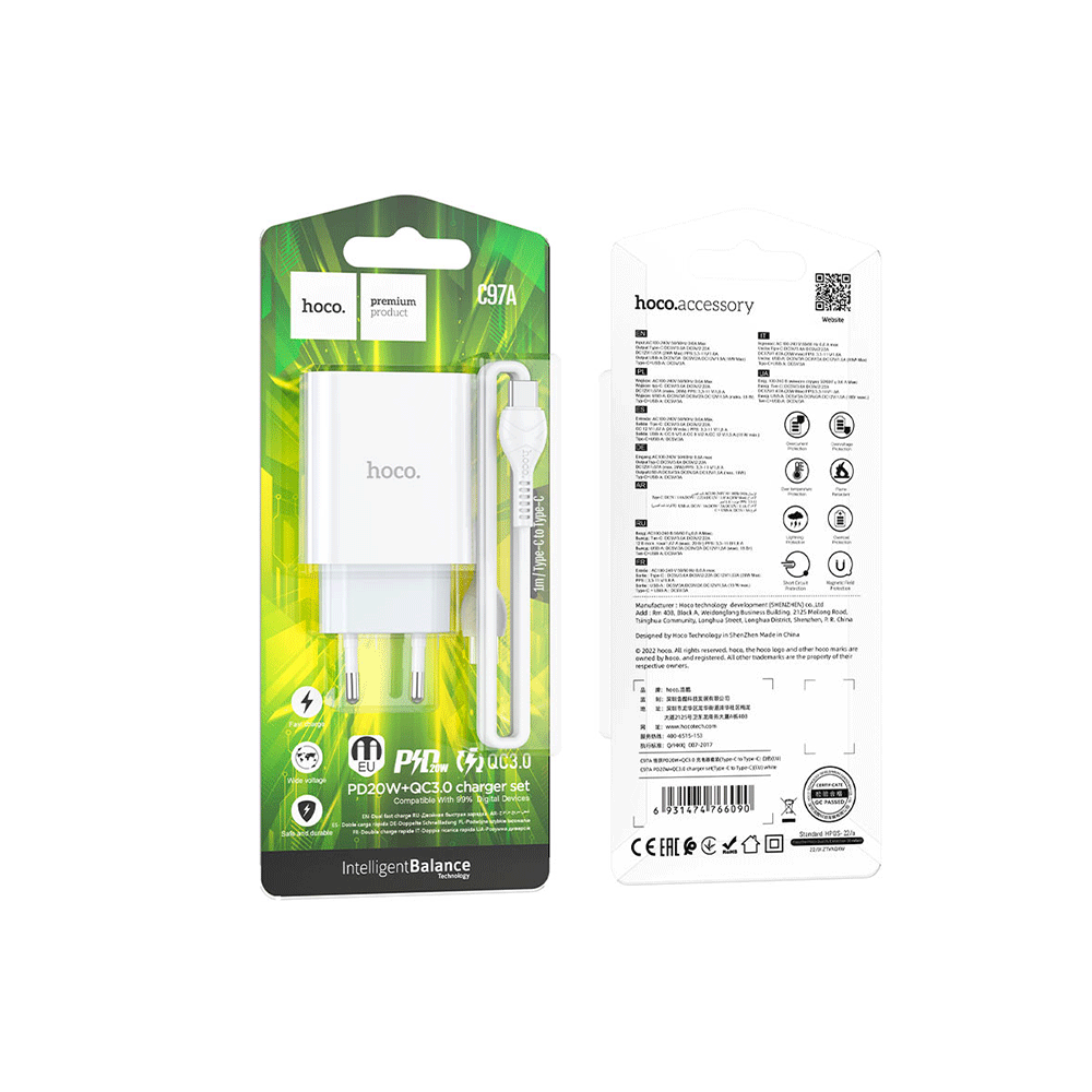 هوكو طقم شاحن QC3.0 بقوة 60 وات موديل C97A - أبيض