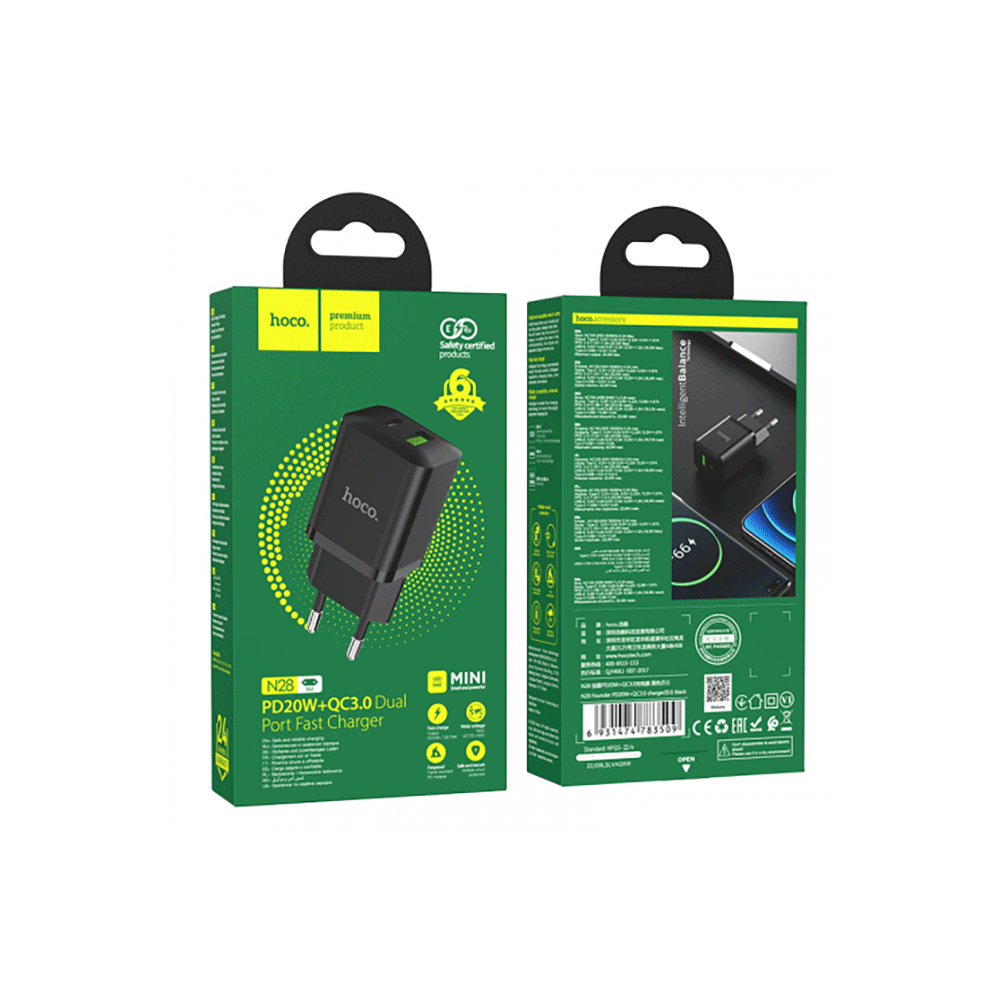 هوكو شاحن سريع بمنفذين QC3.0 بقوة 20 وات موديل N28 - أسود