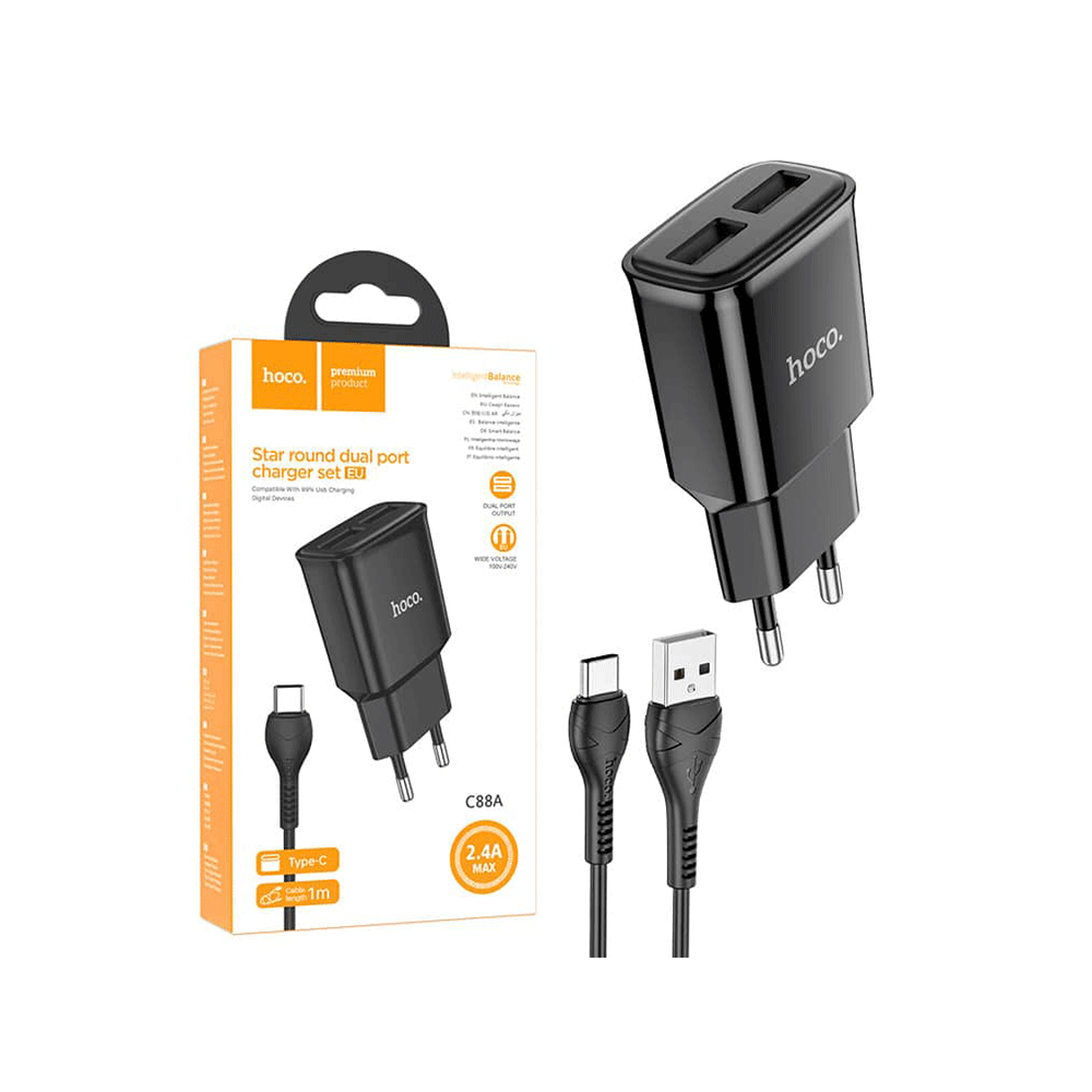 هوكو طقم شاحن بمنفذين يو اس بي موديل C88A - أسود