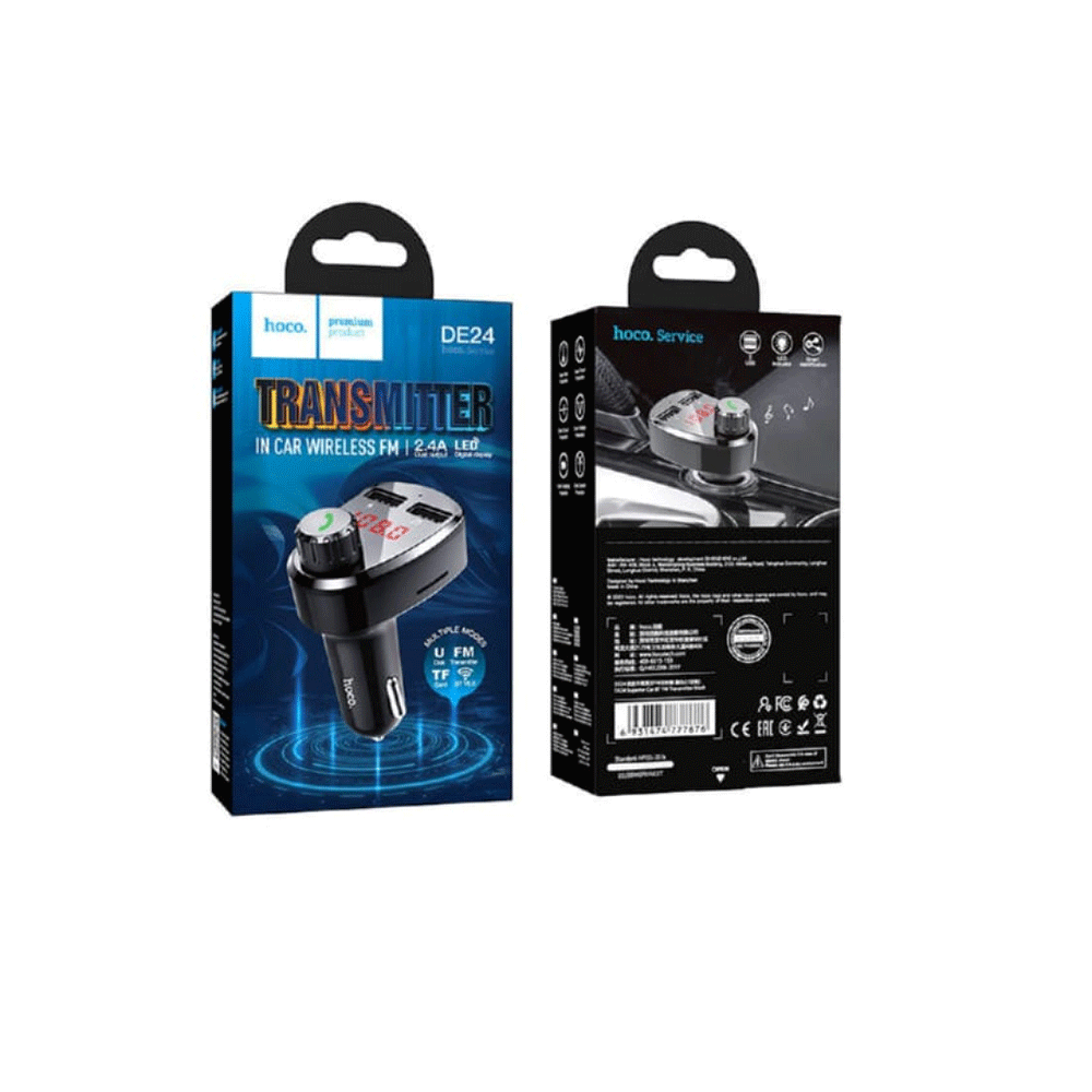 هوكو شاحن مع ام بي ثري للسيارة مع منفذي يو اس بي وشاشة ليد موديل DE24 - أسود