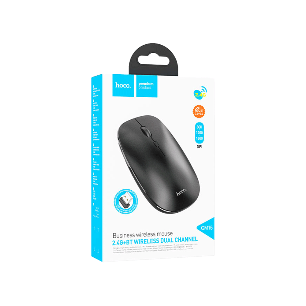 هوكو ماوس لاسلكي للأعمال 2.4G + BT ثنائي القناة موديل GM15 - أسود