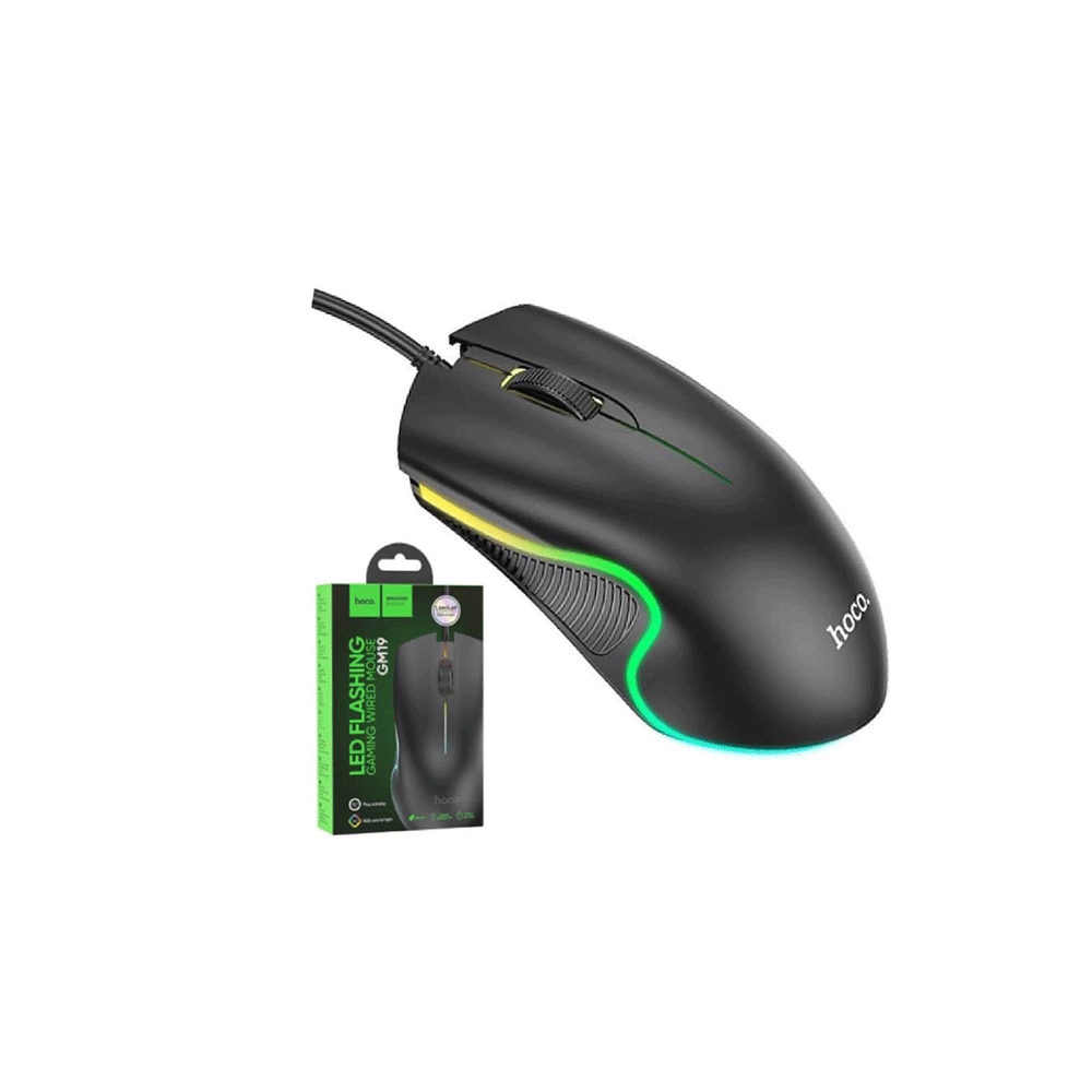 هوكو ماوس ألعاب سلكي بإضاءة ليد وامضة موديل GM19 - أسود