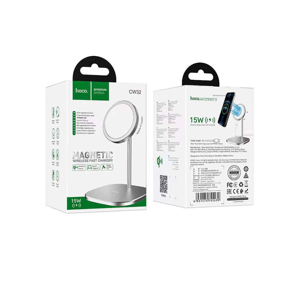 هوكو شاحن لاسلكي مغناطيسي سريع موديل CW32 - فضي