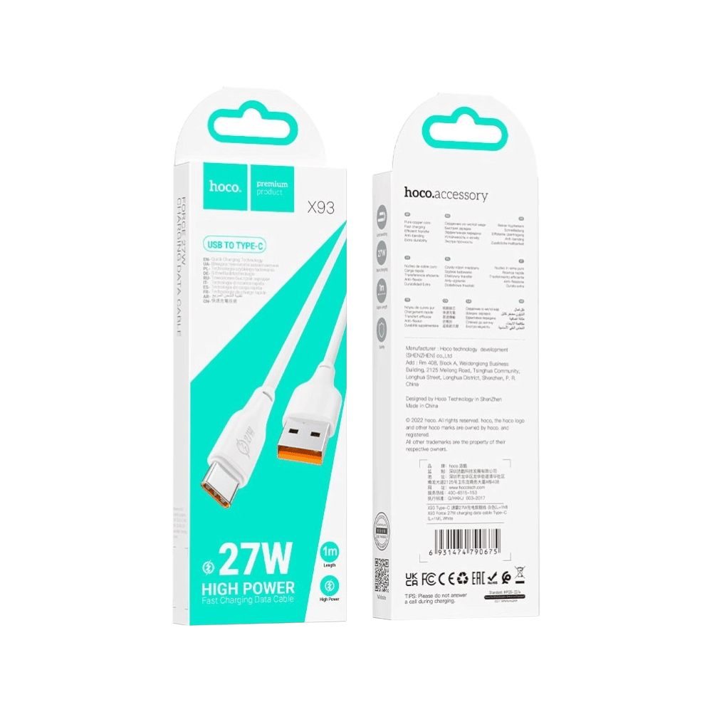 هوكو كابل شحن ونقل بيانات بقوة 27 وات وطول 1 متر تايب سي موديل X93 - أبيض