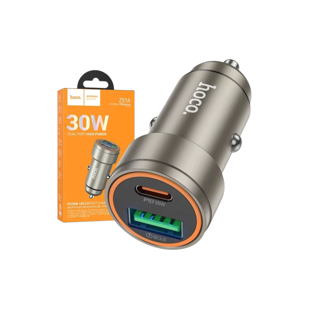 هوكو شاحن سيارة بمنفذ يو اس بي وتايب سي قوة 30 وات موديل Z57A - رمادي