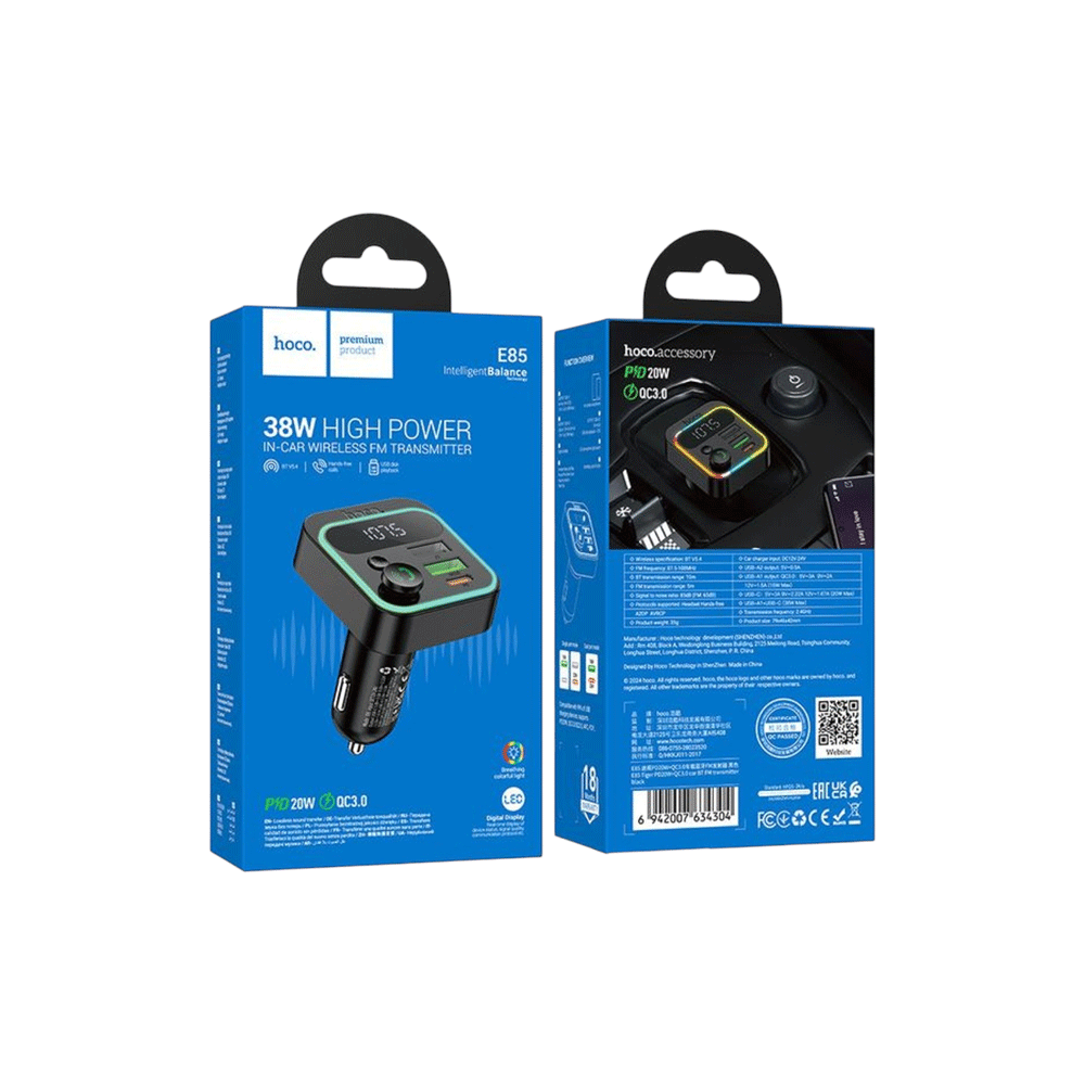 هوكو ام بي ثري وشاحن سيارة بقوة 38 وات موديل E85 - أسود