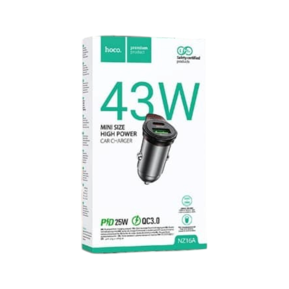 هوكو شاحن سيارة قوة 25 وات بمنفذ يو اس بي وتايب سي موديل NZ16A - رمادي