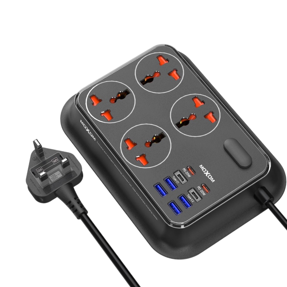 موكسوم توصيلة كهرباء بأربعة مقابس 8 منافذ شحن يو إس بي و تايب سي و بي دي  موديل ST23 - أسود