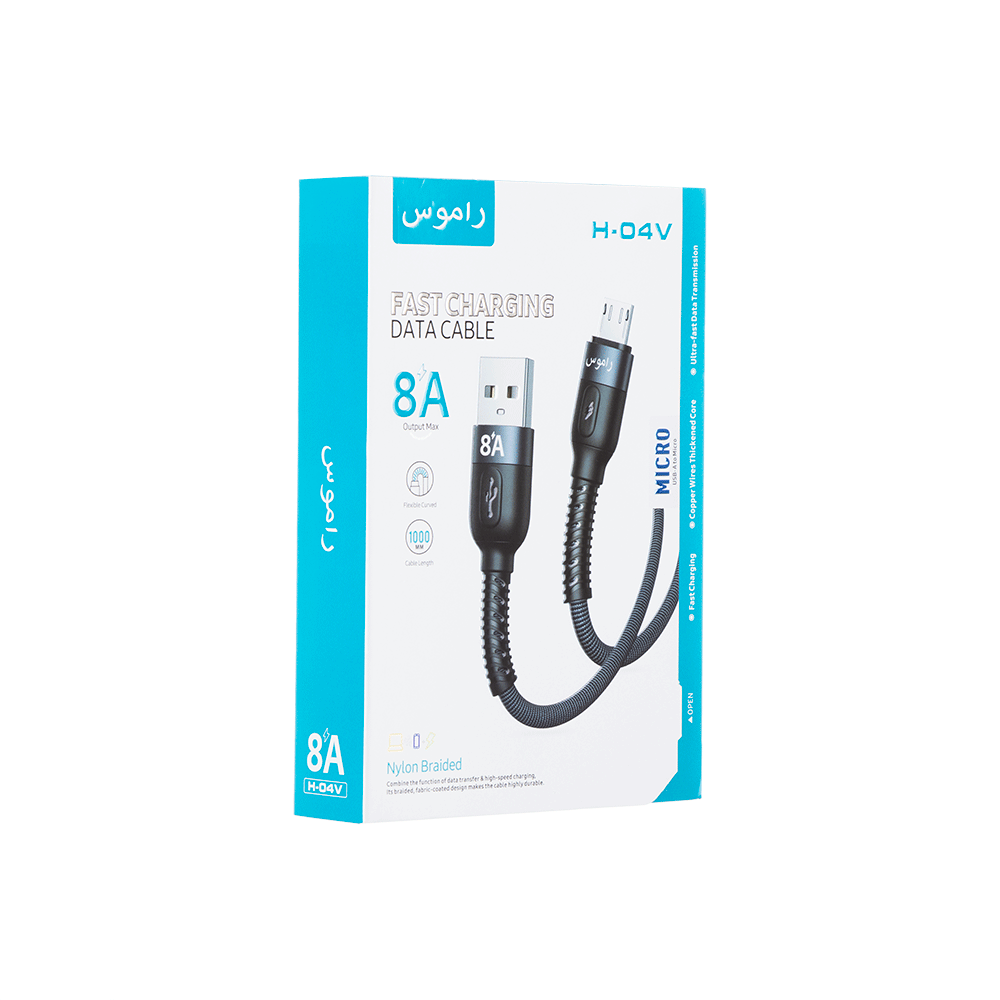 راموس كابل بيانات وشحن ميكرو مضفر بالنايلون بطول 1 متر موديل H-04V - أسود