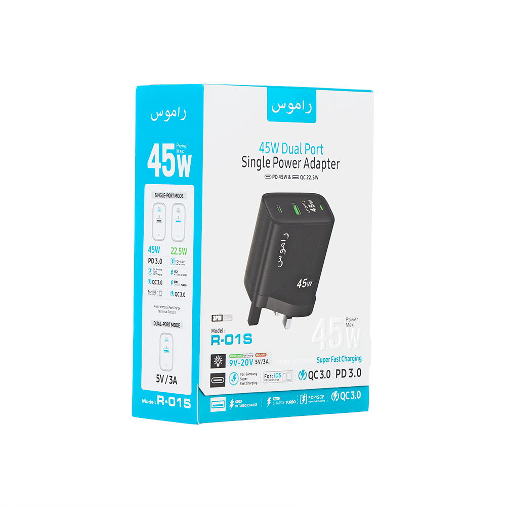 راموس راس شاحن جداري بقوة 45 وات بمنفذ مزدوج موديل R-01S - أسود