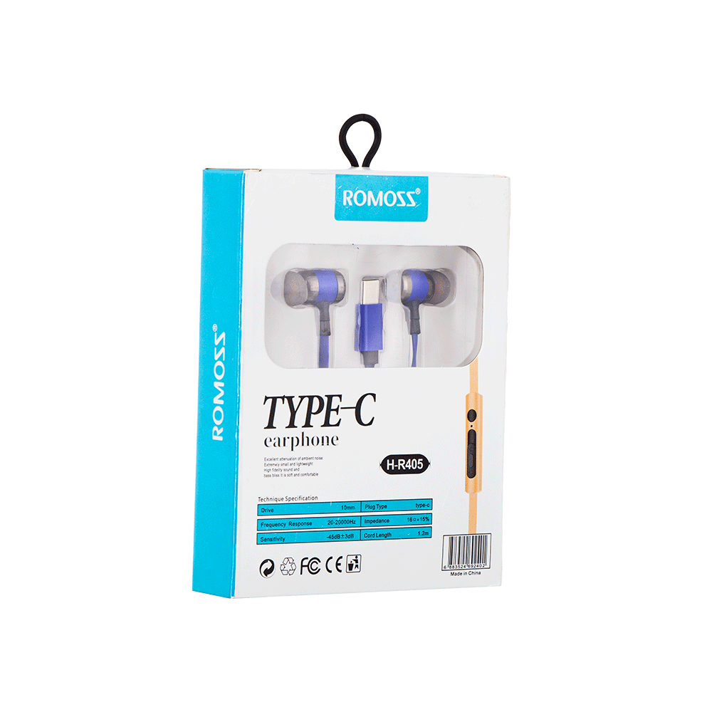 راموس سماعة أذن سلكية بمنفذ تايب سي بطول 1.2 متر موديل H-R405 - أزرق