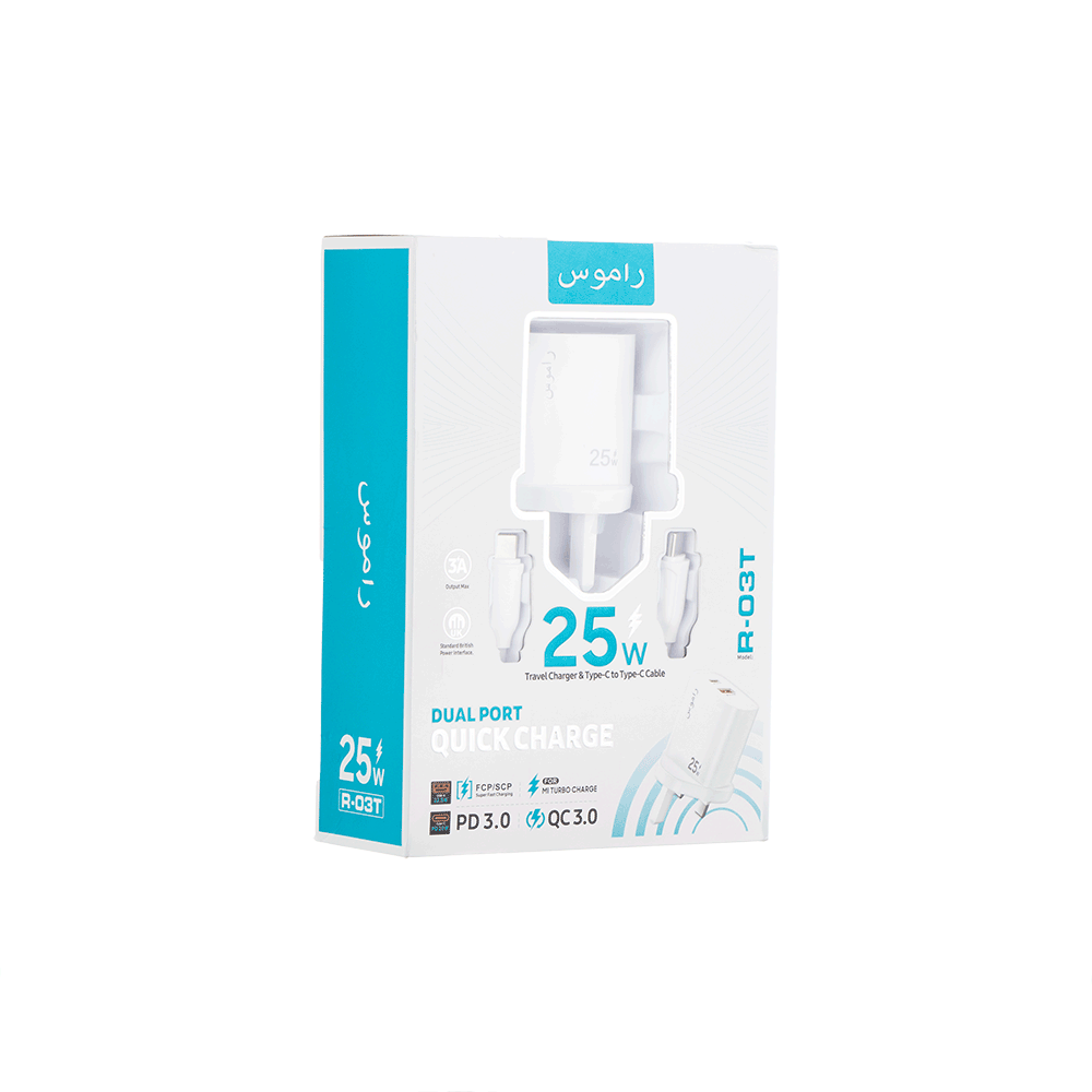 راموس شاحن جداري سريع بقوة 25 وات مع كابل تايب سي موديل R-03T - أبيض