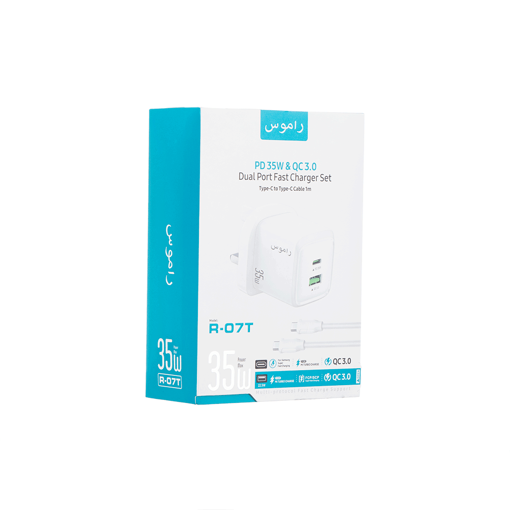 راموس شاحن جداري سريع 35 واط بمنفذين مع كابل تايب سي موديل R-07T - أبيض