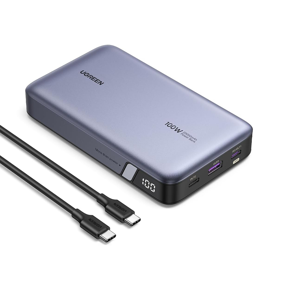 يوجرين باور بانك بسعة 20000 مللي أمبير يدعم الشحن السريع بقوة 100 واط و30 واط لتوفير طاقة فائقة السرعة - رمادي غامق