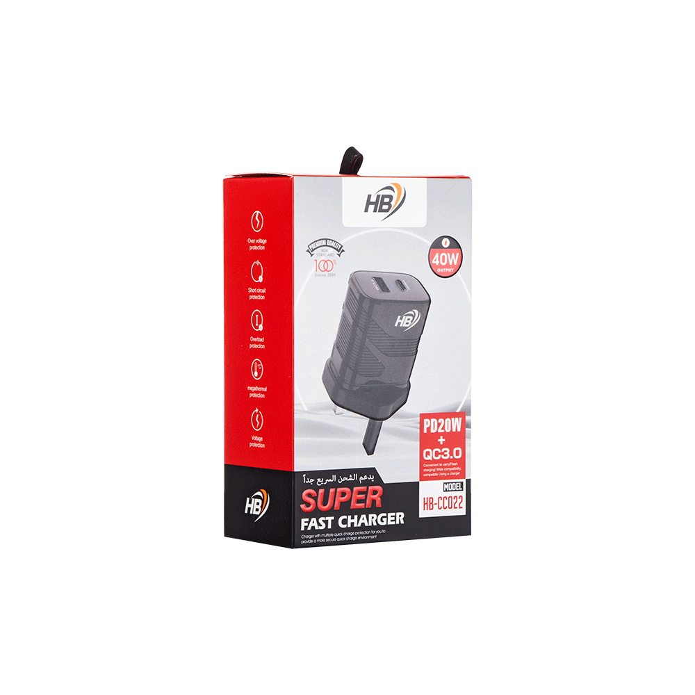 إتش بي شاحن جداري قوة 40 واط بتقنية الشحن السريع - موديل HB-CC022