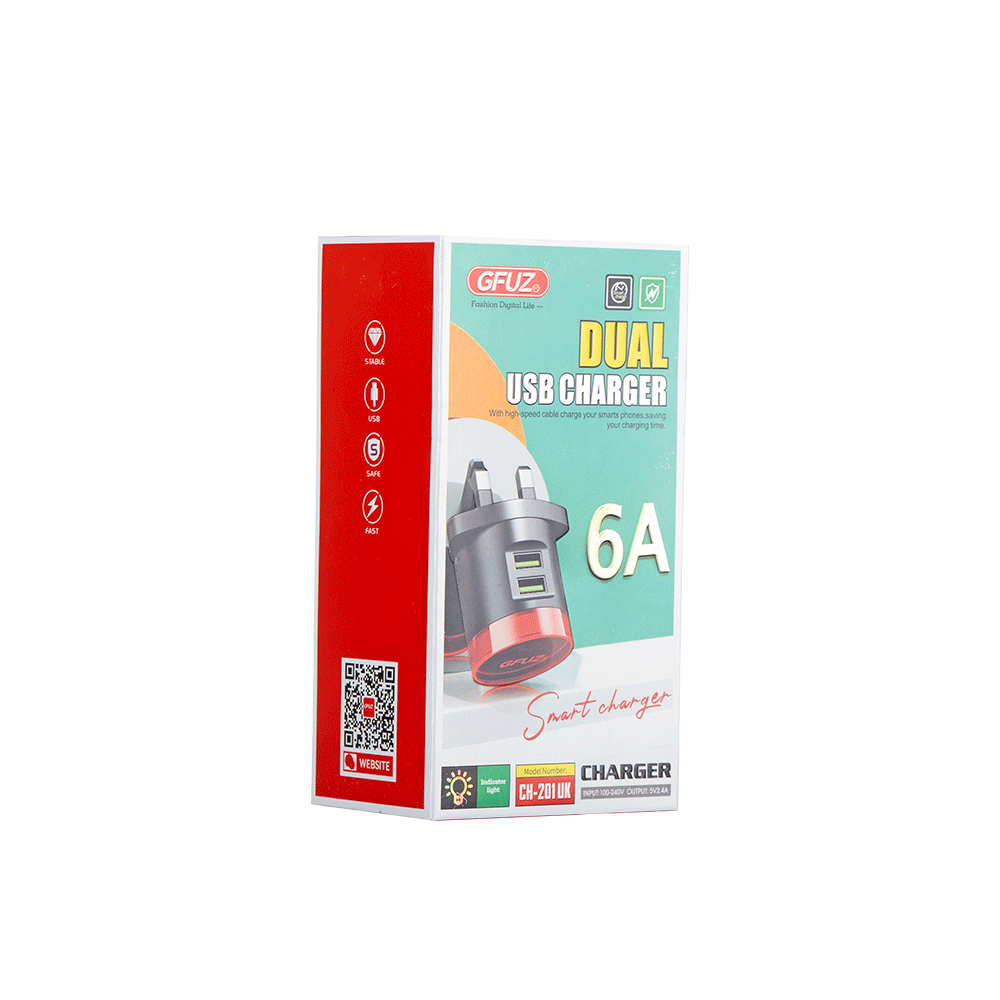 جي فوز شاحن جداري بقدرة 6 أمبير مع مخرجين يو إس بي ودعم الشحن الذكي - موديل CH-201 UK