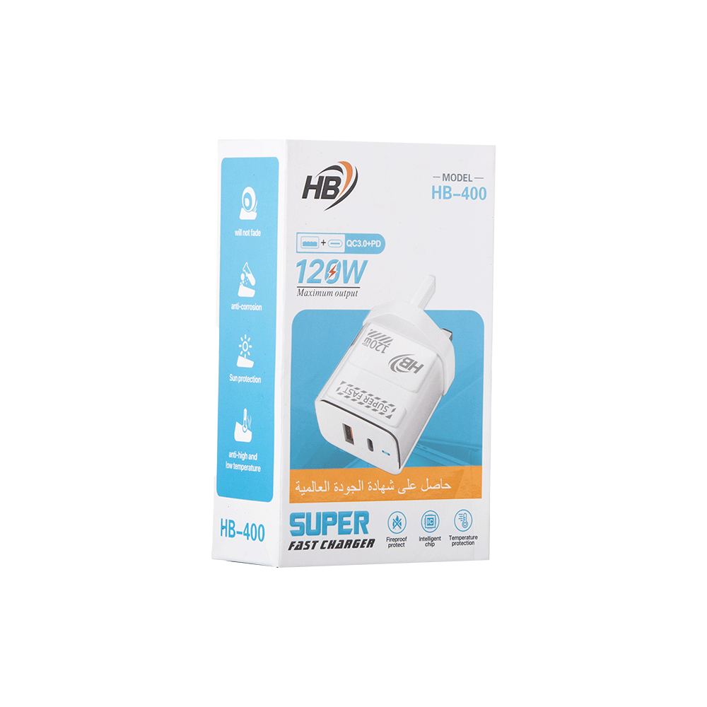 إتش بي شاحن جداري بقوة 120 واط متعدد المنافذ و بتقنية الشحن السريع - HB-400