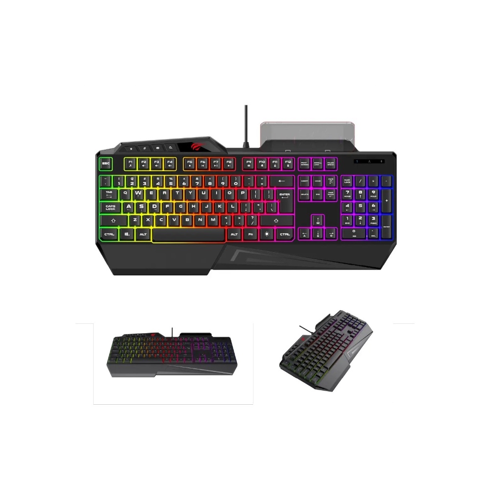 هافيت لوحة مفاتيح ألعاب سلكية بإضاءة خلفية RGB مع حامل هاتف مدمج موديل KB488L