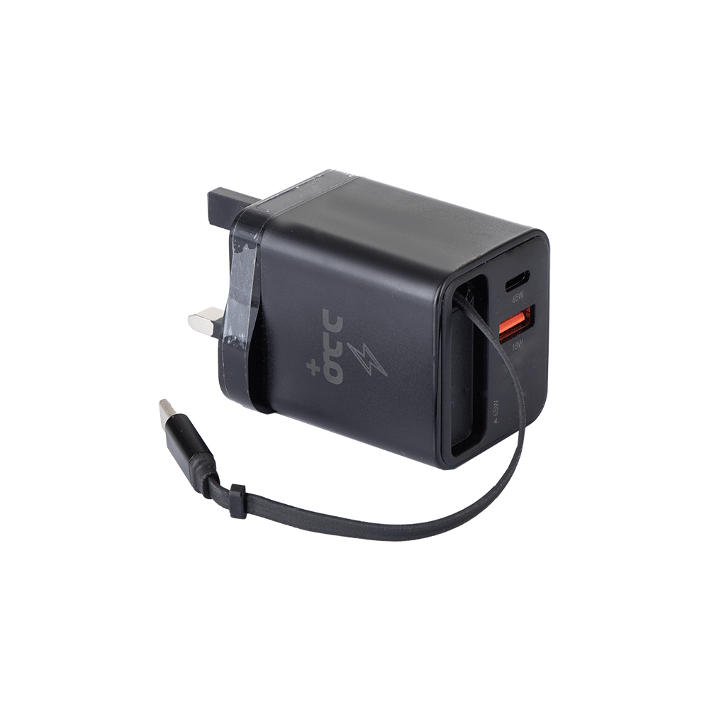 مدد رأس شاحن قوة 65 وات مع كابل شحن تايب سي مدمج موديل SDC-65w - أسود
