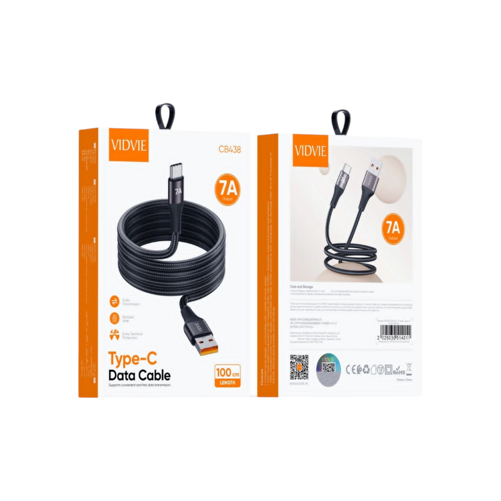 فيدفي كابل شحن يو اس بي تايب سي قماش بجهد 7 امبير 1 متر - أسود