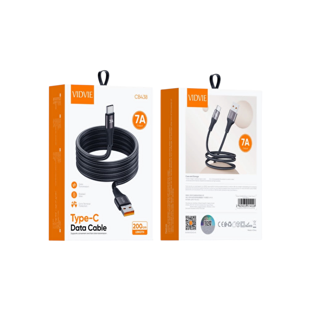 فيدفي كابل شحن يو اس بي تايب سي قماشي 7 امبير 2 متر - أسود