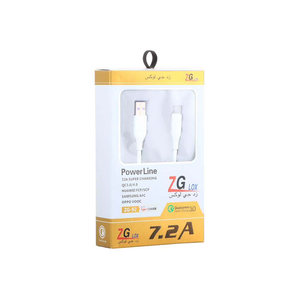 زد جي لوكس كابل شحن يو اس بي إلى تايب سي بجهد 7.2 موديل ZG-92 - أبيض