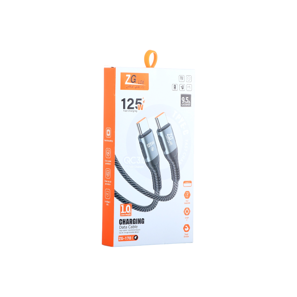 زد جي لوكس كابل شحن تايب سي إلى تايب سي بقوة 125 وات موديل ZG-170 - أسود
