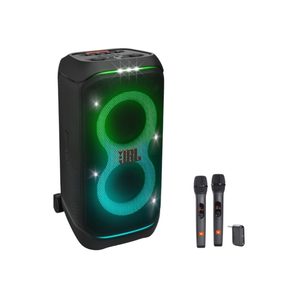 مكبر صوت جي بي إل بقوة 240 وات مع ميكروفونات لاسلكية وإضاءة ديناميكية موديل PartyBox Stage 320 - أسود 
