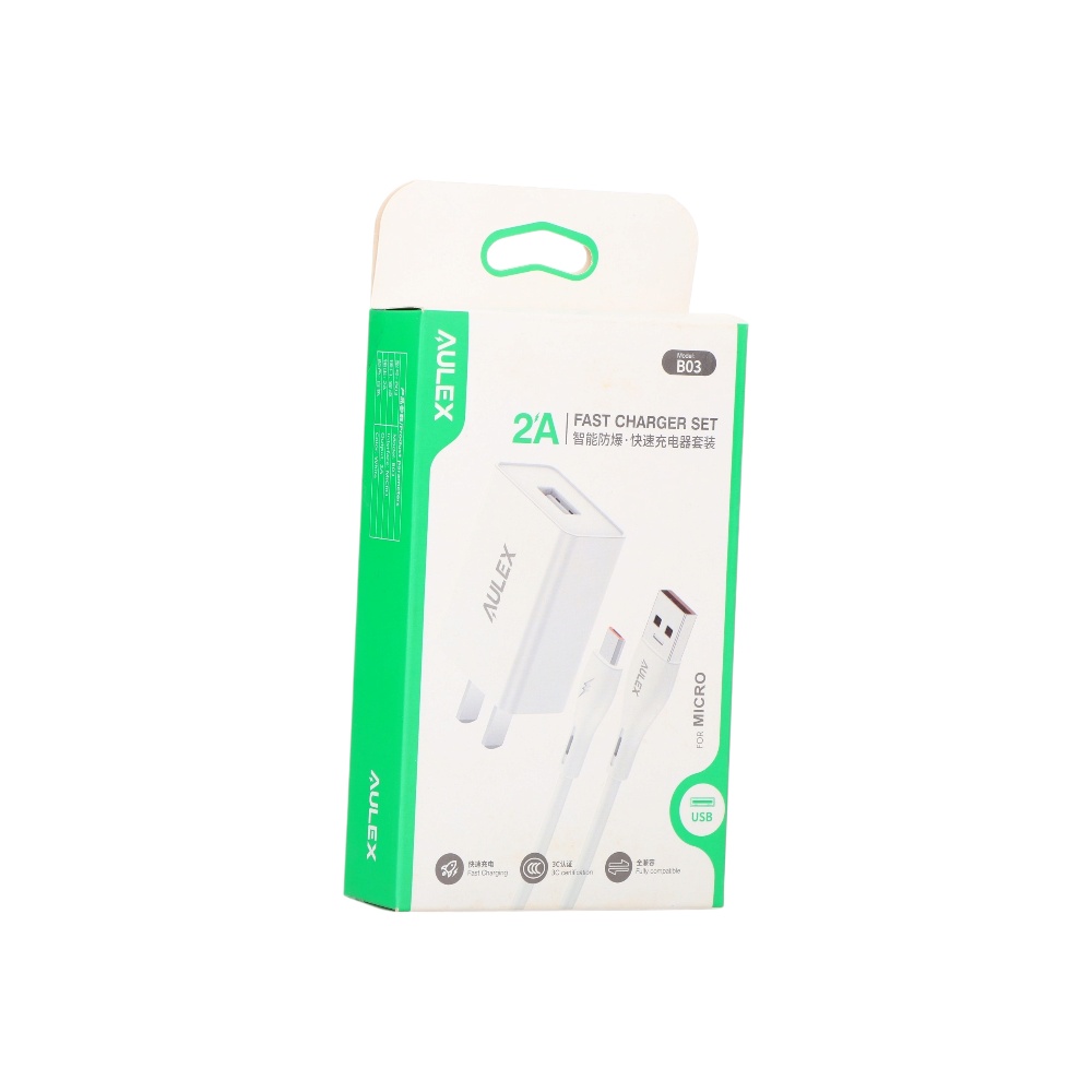 شاحن اولكس سريع مع كابل مايكرو بقوة 2 أمبير موديل B03 - أبيض