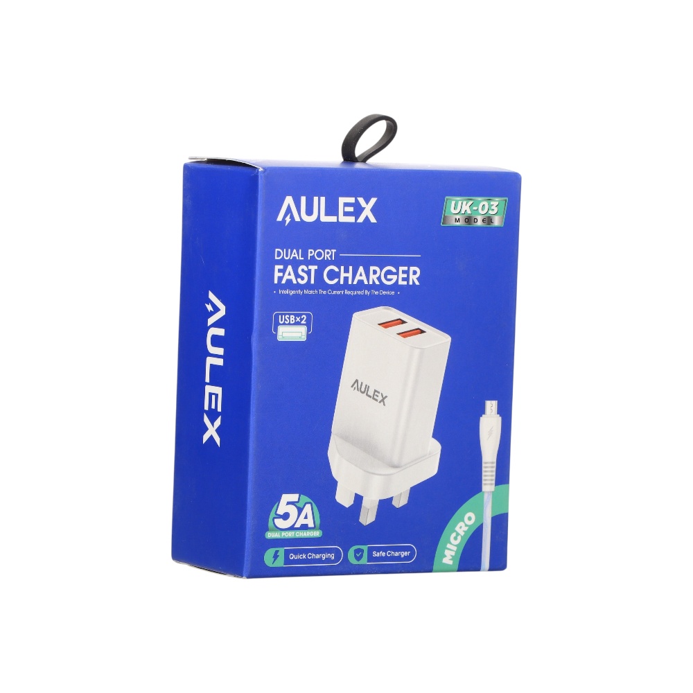  شاحن جداري اوليكس سريع ثنائي المنافذ بمنفذ USB بقوة 5 أمبير موديل UK-03 - أبيض