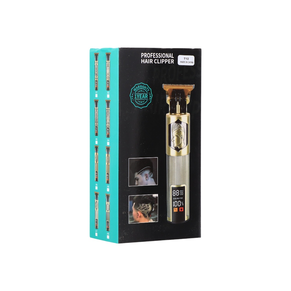 ماكينة حلاقة بروفيشنال بشاشة رقمية قابلة للشحن ومنفذ تايب سي للرجال موديل T12 - ذهبي
