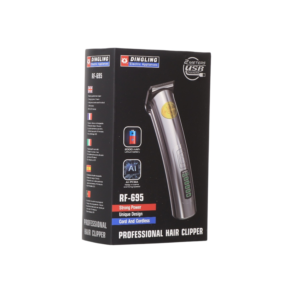 ماكينة حلاقة دينقلينق إحترافية قابلة للشحن متعددة السرعات وسعة 2000 مللي أمبير للرجال موديل RF-695 - فضي
