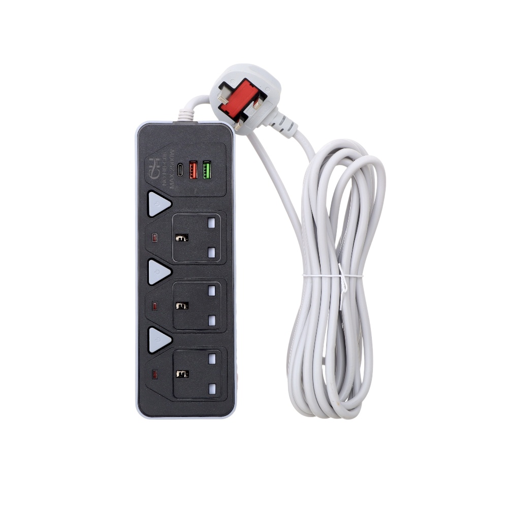 توصيلة كهرباء سي إتش بثلاث مقابس قوة 2500 واط و جهد 250 فولت وطول سلك 5 أمتار موديل HB-C06 - أبيض
