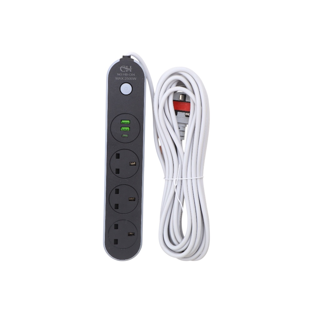 توصيلة كهرباء سي إتش بثلاث مقابس قوة 2500 واط و جهد 250 فولت وطول سلك 3 أمتار موديل HB-C04 - أبيض
