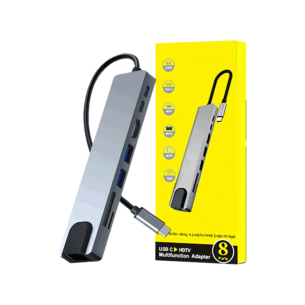 موزع يو إس بي ب8 منافذ متعددة مع كابل تايب سي - فضي