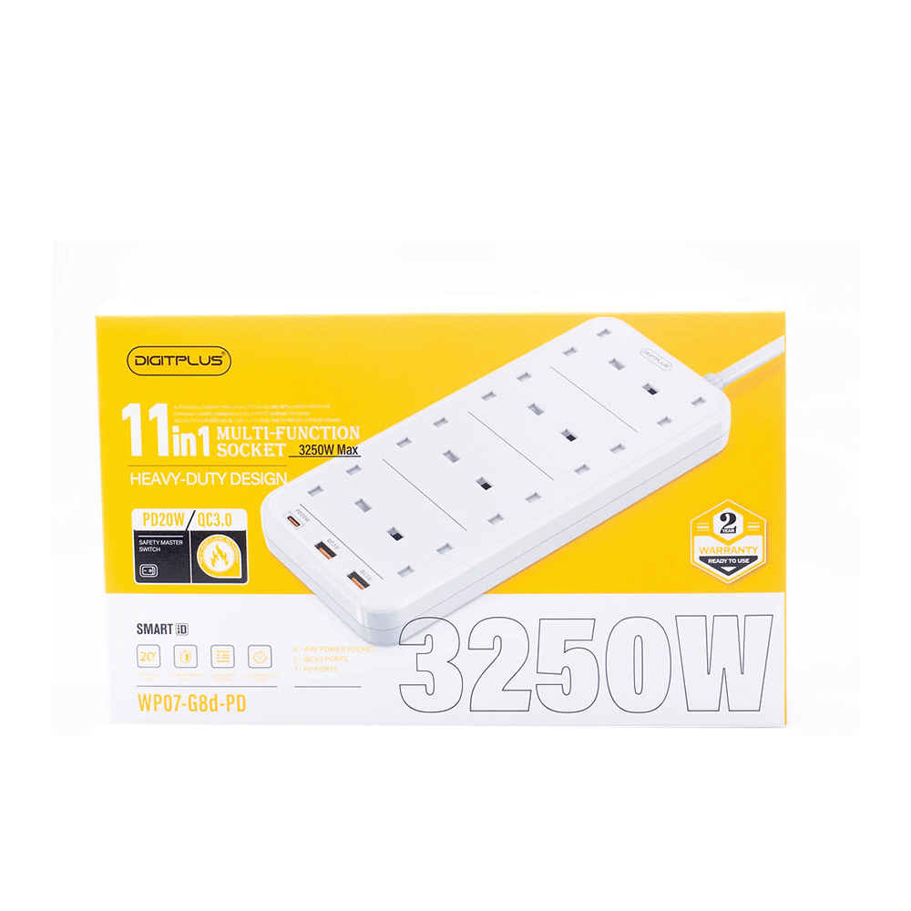 ديجيت بلس توصيلة كهربائية بقدرة 3250 واط وجهد 250 فولت بمنافذ متعددة - أبيض