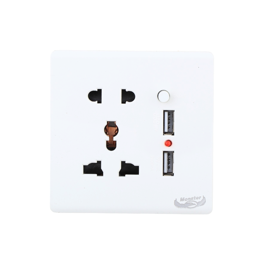 مقبس كهربائي مونيستر مخرج ثلاثي وثنائي مع مخرجين يو اس بي 2100 امبير موديل M129W - أبيض