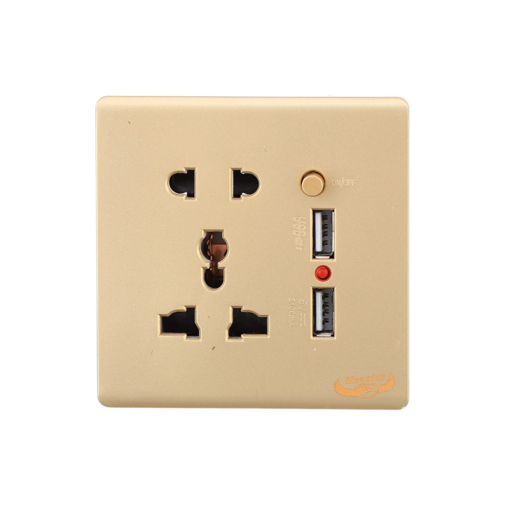 مقبس كهرباء مونيستر بمخرج ثلاثي وثنائي مع مخرجين يو اس بي ومفتاح إقفال كهرباء 5 فولت 2100 مللي أمبير موديل M128G - بيج