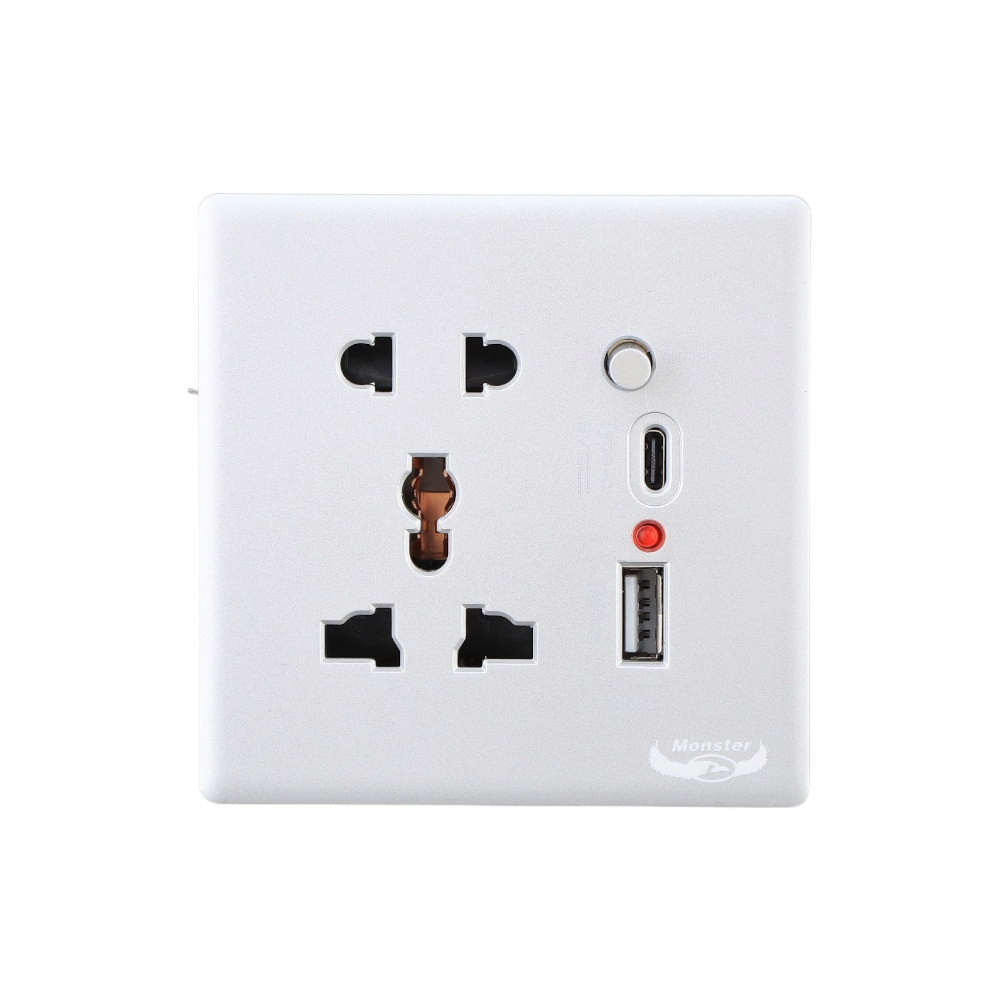 مقبس كهرباء مونيستر مخرج ثنائي مع مخرج يو اس بي ويو اس بي سي ومفتاح إقفال كهرباء 5 فولت 2100 مللي أمبير -أبيض