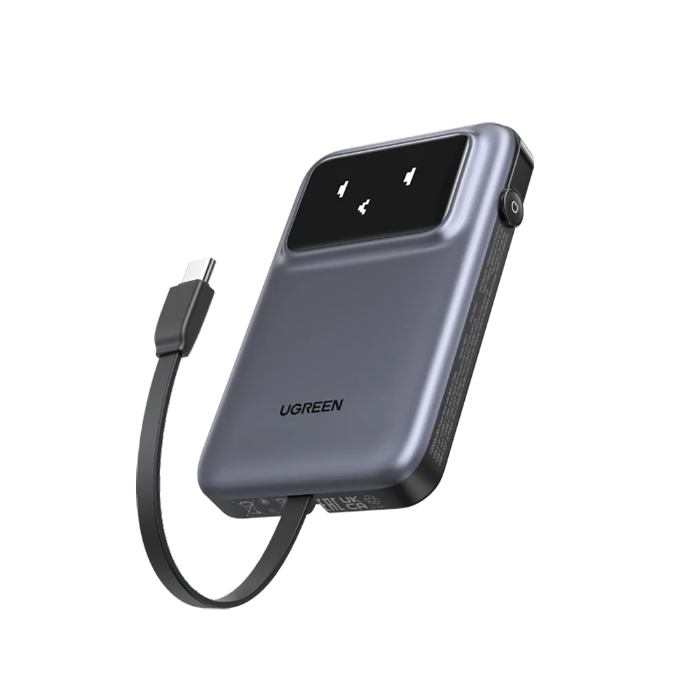 باور بانك يوجرين بسعة 10000 مللي أمبير مع كابل تايب سي مدمج قوة 30 وات بشاشة TFT ذكية - رمادي