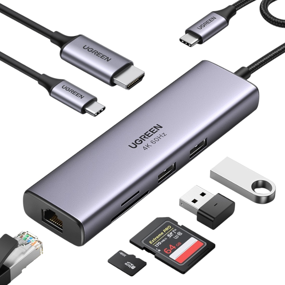 محول يوجرين متعدد الوظائف تايب سي مع منفذ إيثرنت و HDMI بدقة 4K موديل 60451 - رمادي