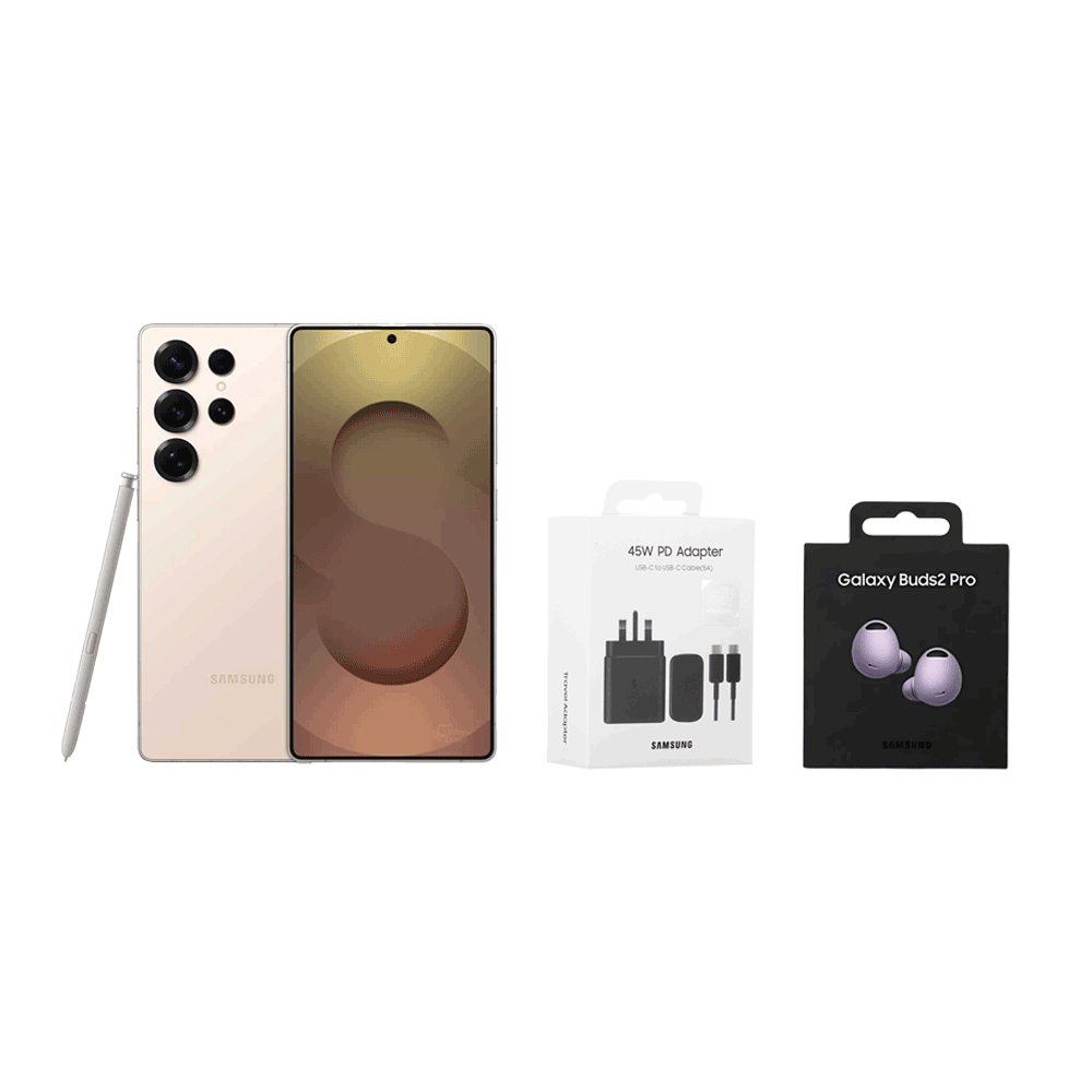باكج سامسونج جوال جالكسي S25 آلترا بشريحتين و ذاكرة 1 تيرا + رأس شاحن قوة 45 وات مع كابل تايب سي + سماعات جالكسي بادز 2 برو لاسلكية موديل R510NLVALTA 