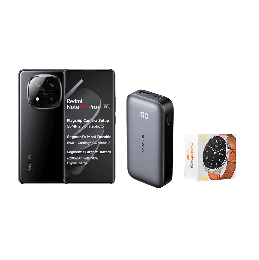 باكج شاومي ريدمي نوت 14 برو بلس 5G بذاكرة 512 جيجا + ساعة سويس ام اي 10 برو الذكية  + باور بانك يوجرين 10000 مللي أمبير