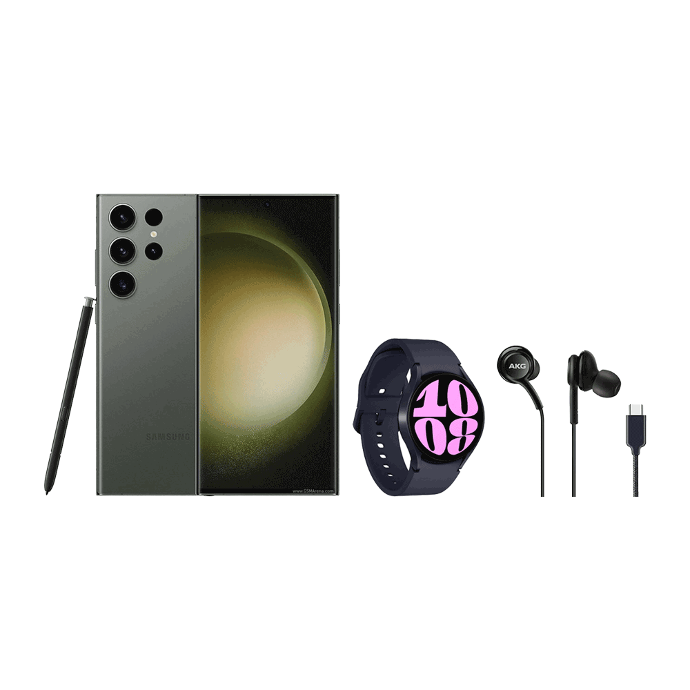 باكج سامسونج S23 آلترا سعة 1 تيرا + ساعة جالكسي واتش 6 + سماعات سامسونج تايب سي الأصلية