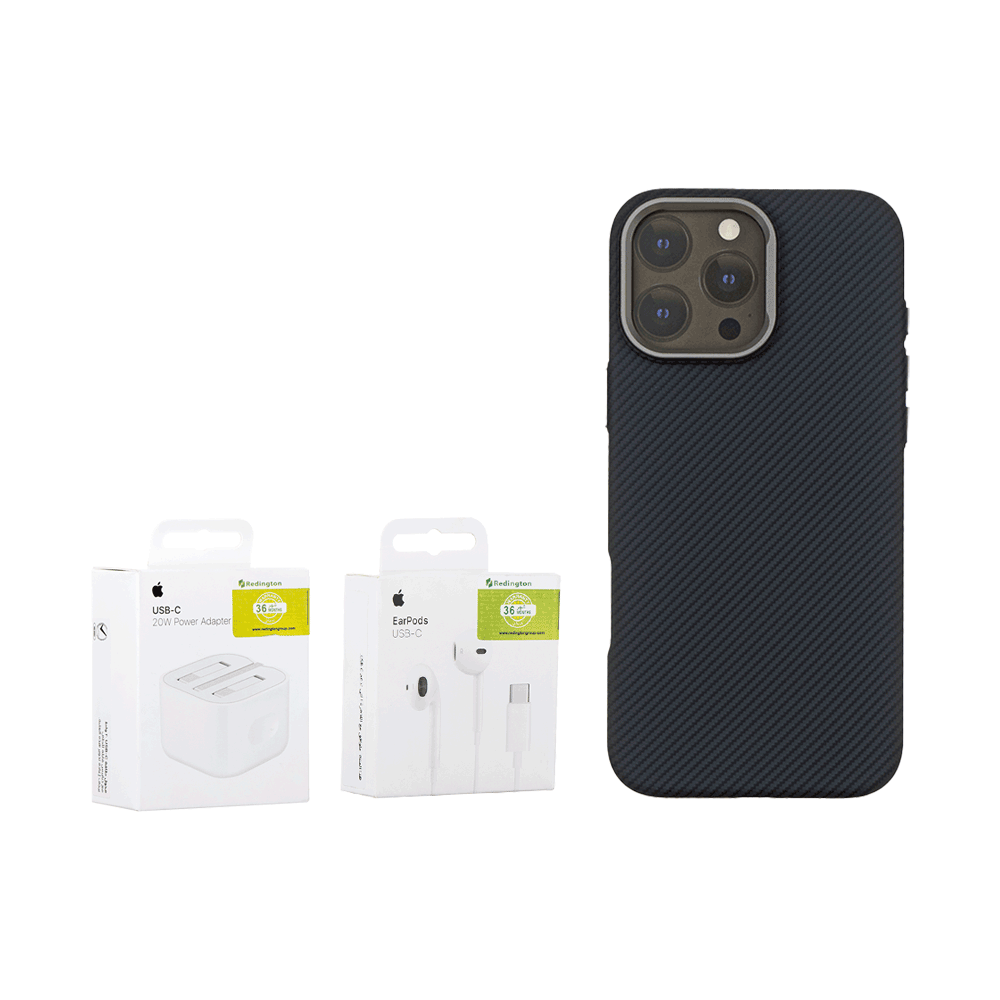 باكج آيفون 16 برو ماكس رأس شاحن 20 وات وكالة + سماعة تايب سي وكالة + غلاف كربون فايبر