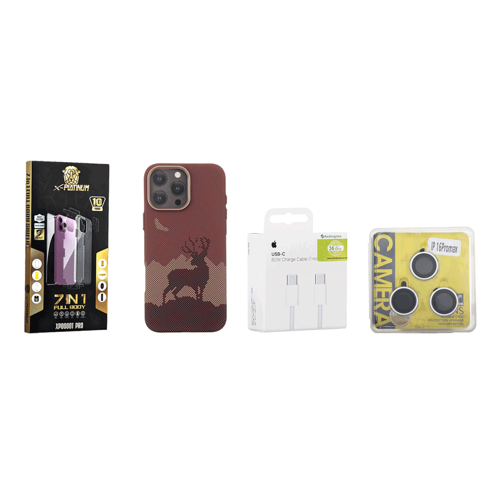 باكج حماية آيفون 16 برو ماكس حماية X بلاتينيوم 7 في 1 + لاصق ياقوتي للكاميرا + كابل آبل 60 وات + غلاف كربون