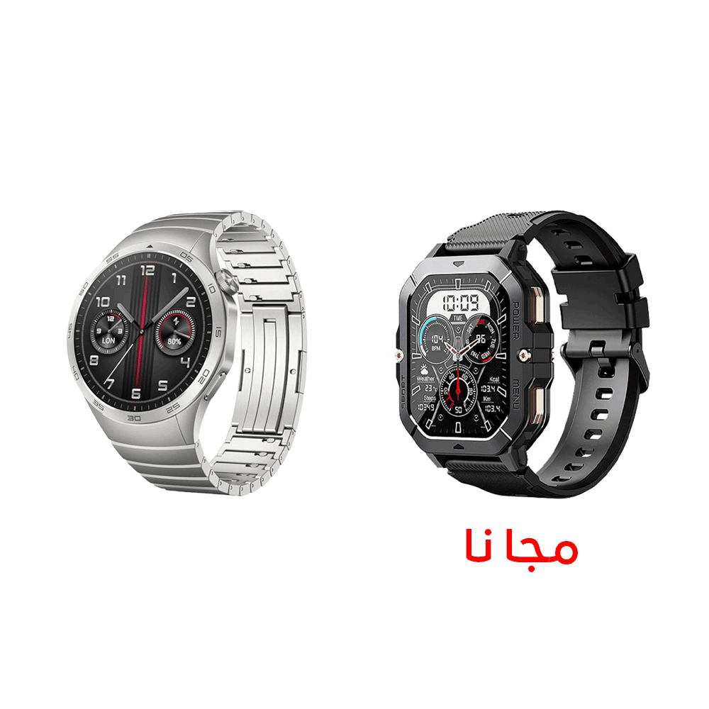 باكج هواوي ساعة ذكية جي تي 4 قياس 46 مللي رجالي استيل + كيوبوت C28 ساعة رياضية ذكية  مجانا